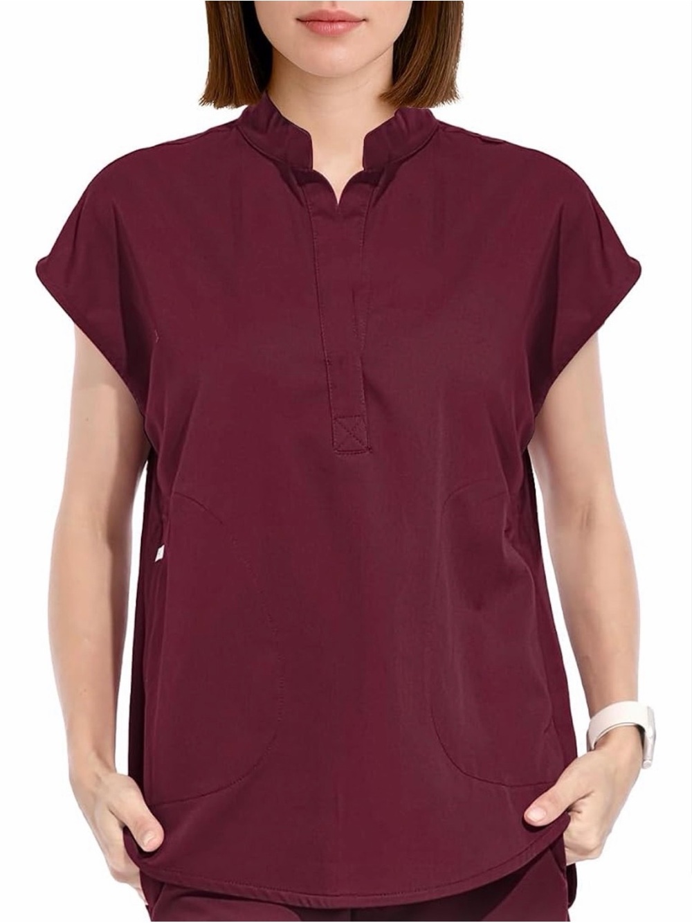 Women’s scrub top Burgundy Split-Neck Short Sleeve Top